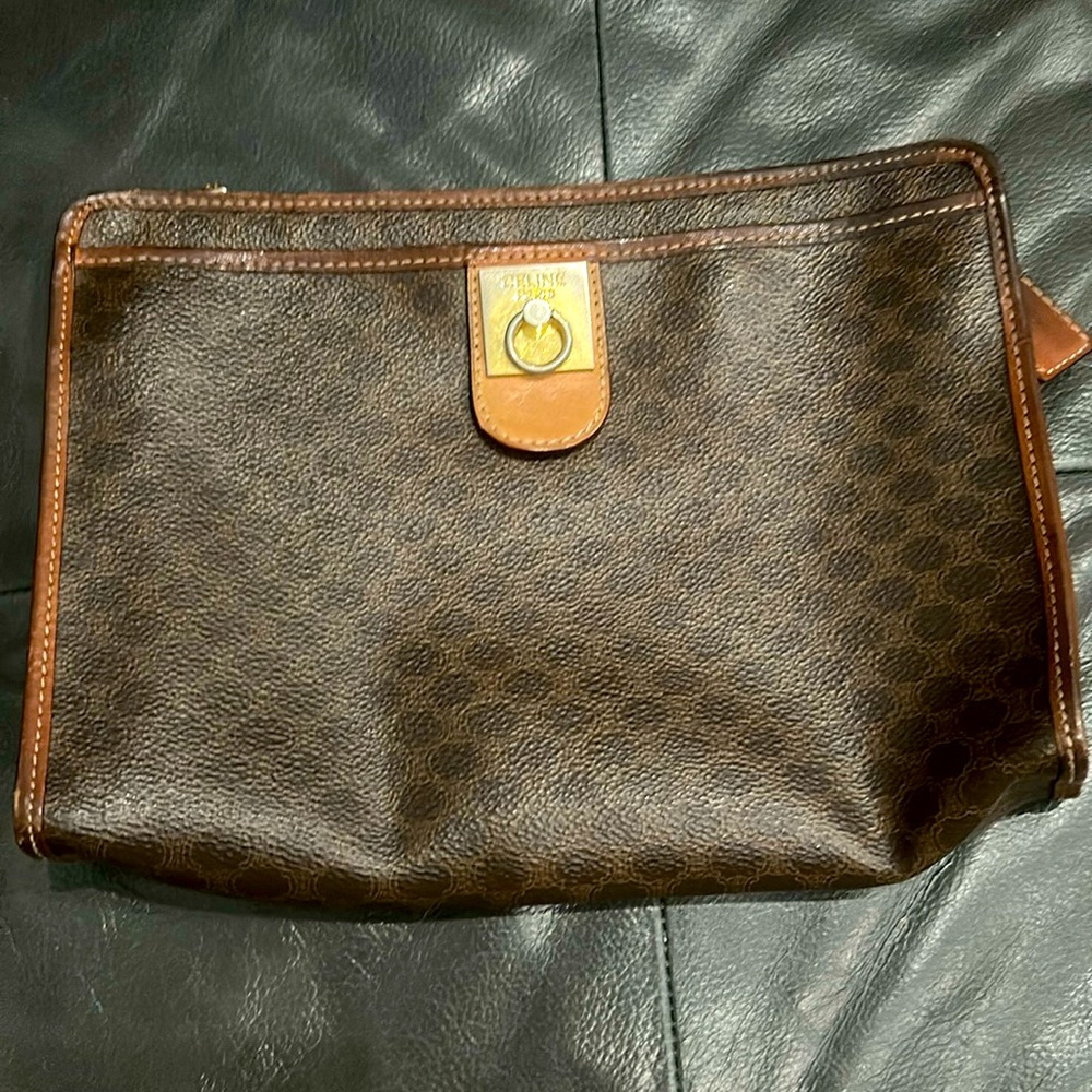 Authentic CELINE Brown Macadam Canvas and Leather Clutch Bag Purse #59231